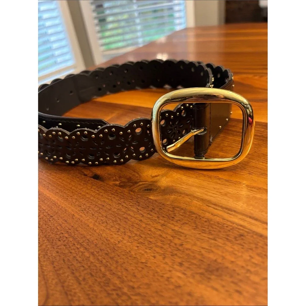 Floral Black Studded Cut Out Belt Women Size Large (up to 40”)